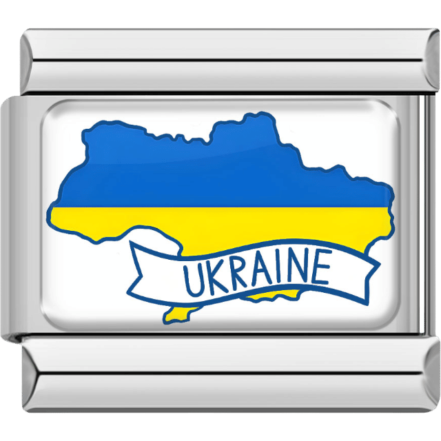 Silver-framed Italian charm featuring the map of Ukraine in blue and yellow flag colors with a curved banner reading “Ukraine.”